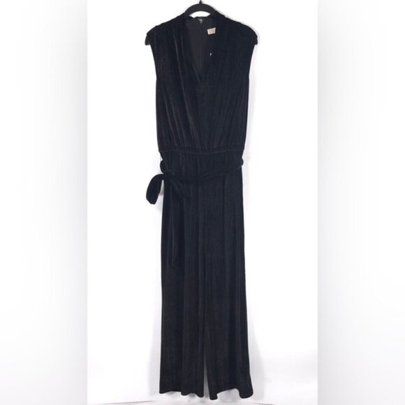 NWT MICHAEL KORS Black Silver Vneck Wide Leg Jumpsuit Tie Belt Sleeveless MEDIUM - Picture 2 of 14